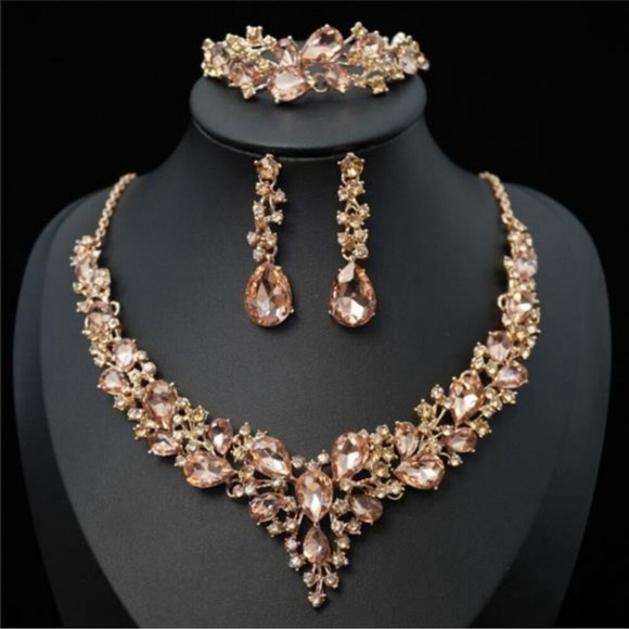 Rose Gold Necklace Earrings Bracelet Set Crystal Rhinestones Bridal Party Prom - Picture 1 of 2
